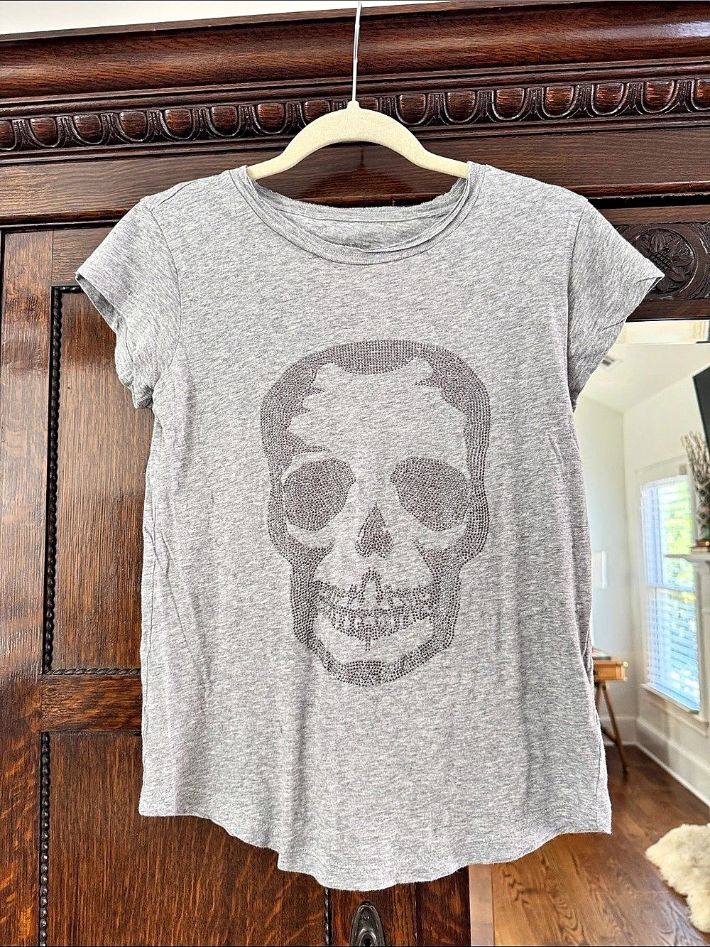 Zadig & Voltaire Skinny Skull Strass Tee in Gray Small Like New